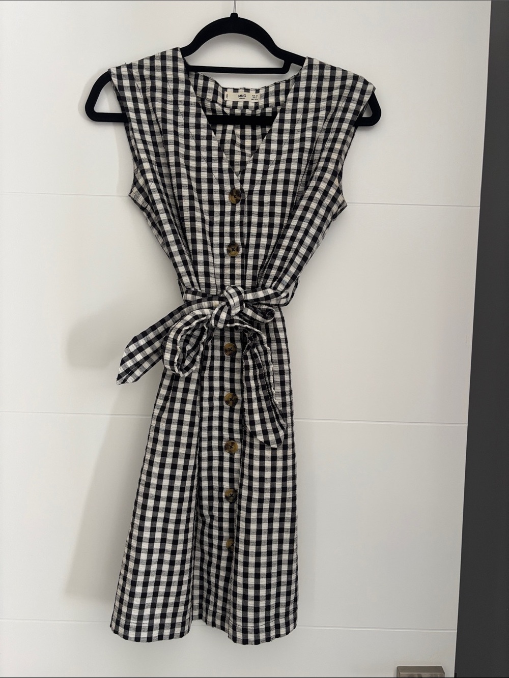 Sleeveless Black & White Gingham Button-Front Midi Dress with Tie Waist